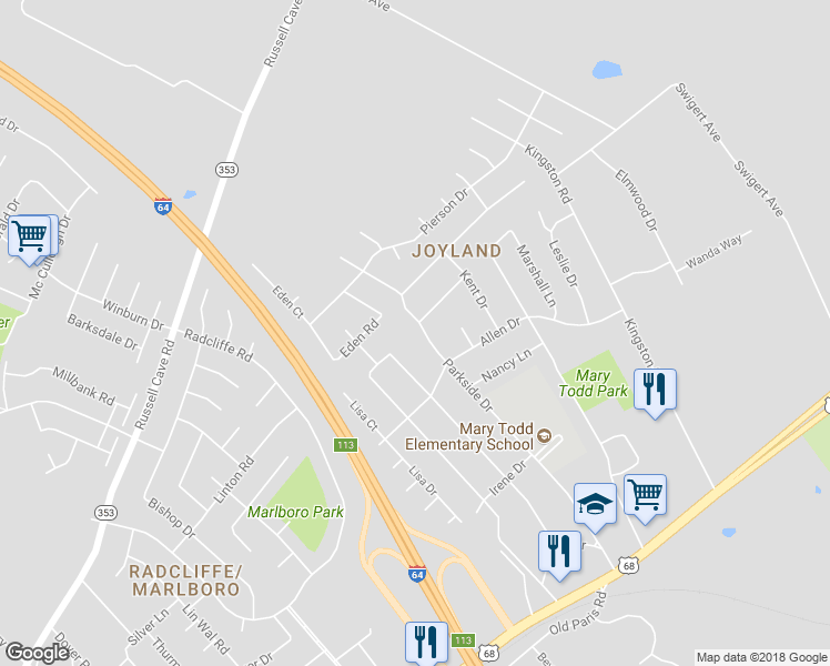 map of restaurants, bars, coffee shops, grocery stores, and more near 614 Parkside Drive in Lexington