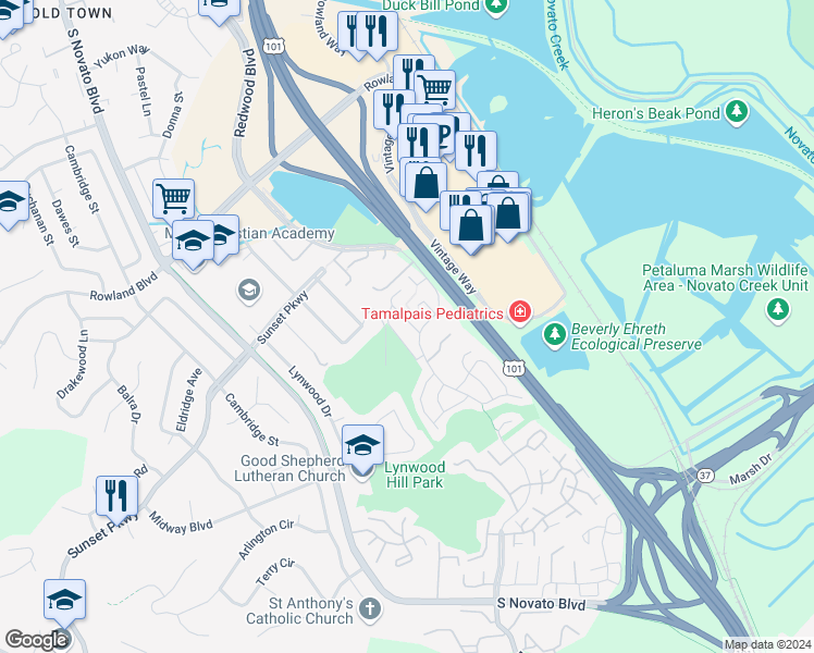 map of restaurants, bars, coffee shops, grocery stores, and more near 1253 Royal Oak Terrace in Novato
