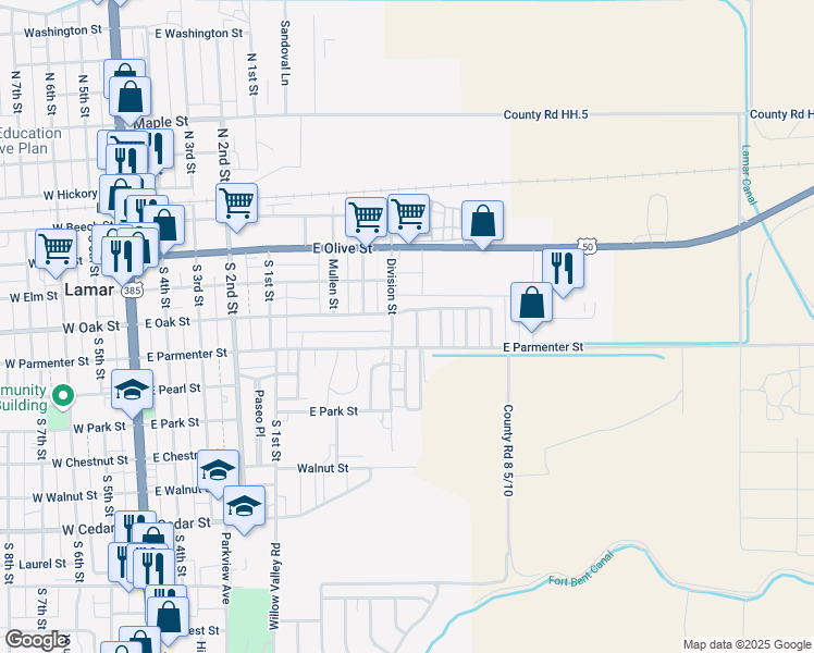 map of restaurants, bars, coffee shops, grocery stores, and more near 802 East Oak Street in Lamar