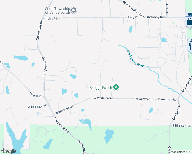 map of restaurants, bars, coffee shops, grocery stores, and more near 11701-12099 Oak Trail Drive in Evansville