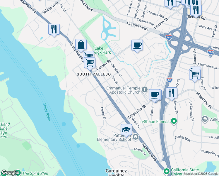 map of restaurants, bars, coffee shops, grocery stores, and more near 713 Grant Street in Vallejo