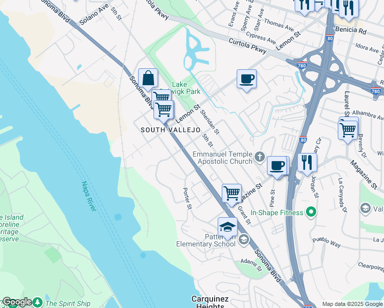 map of restaurants, bars, coffee shops, grocery stores, and more near 713 Grant Street in Vallejo