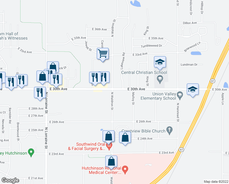 map of restaurants, bars, coffee shops, grocery stores, and more near 1701 East 30th Avenue in Hutchinson