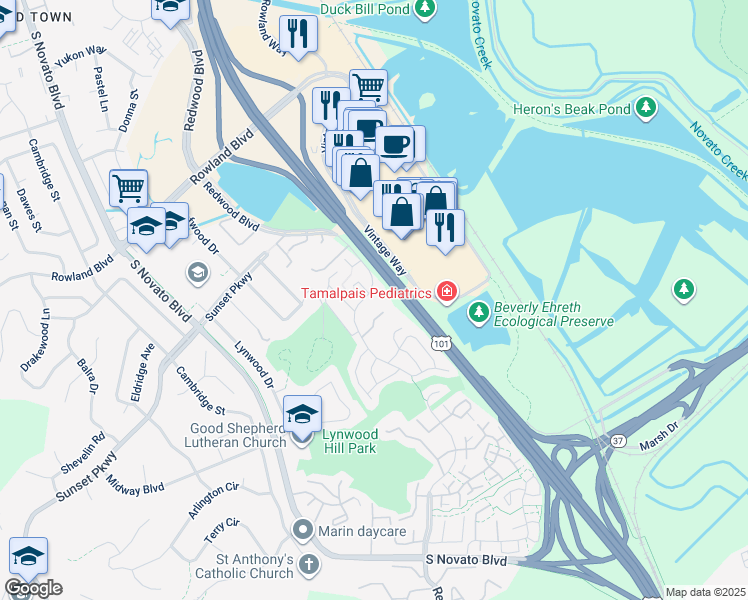 map of restaurants, bars, coffee shops, grocery stores, and more near 1263 Redwood Boulevard in Novato
