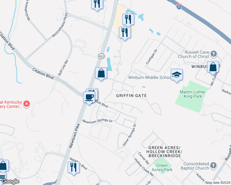 map of restaurants, bars, coffee shops, grocery stores, and more near 1051 Heather Hills Lane in Lexington