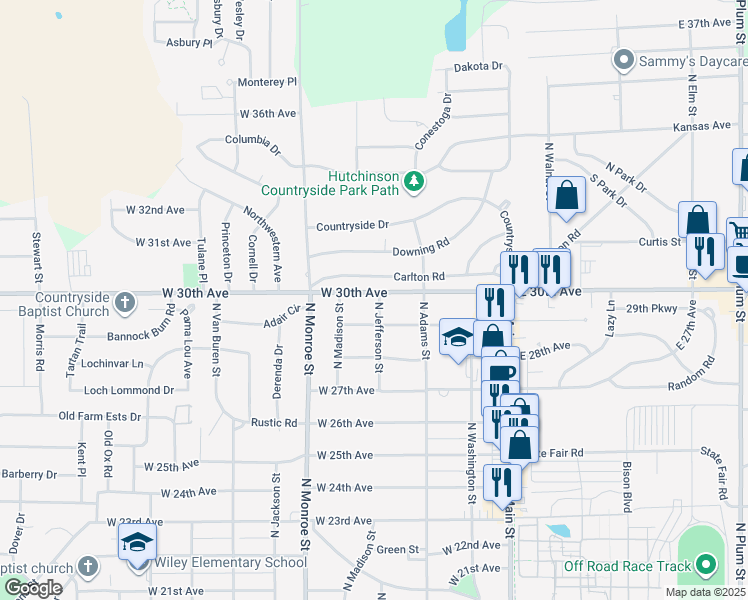 map of restaurants, bars, coffee shops, grocery stores, and more near 2907 North Jefferson Street in Hutchinson