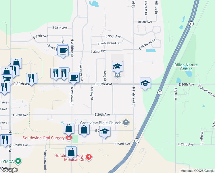 map of restaurants, bars, coffee shops, grocery stores, and more near 1811 East 30th Avenue in Hutchinson