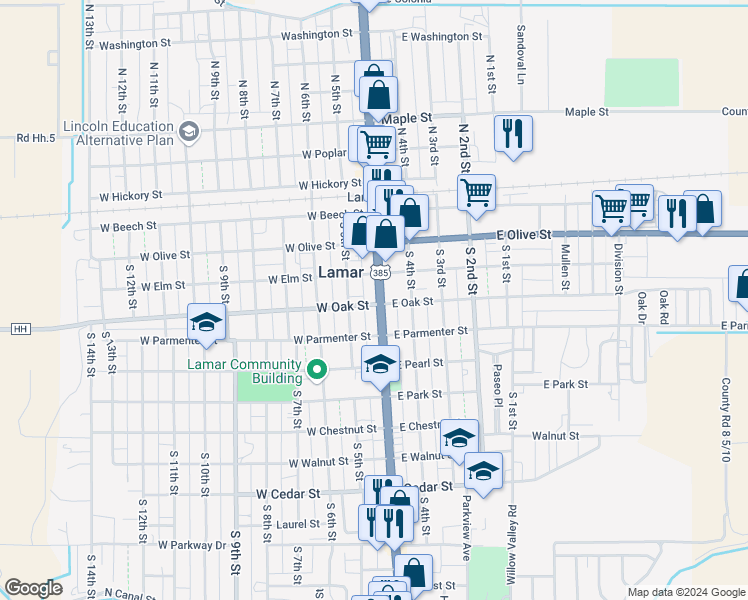 map of restaurants, bars, coffee shops, grocery stores, and more near 322 South Main Street in Lamar
