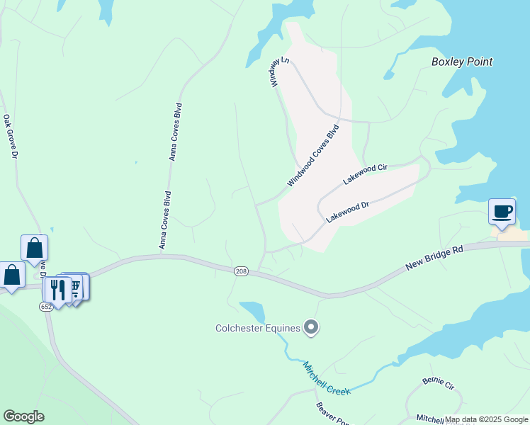 map of restaurants, bars, coffee shops, grocery stores, and more near 210 Windwood Coves Blvd in Mineral