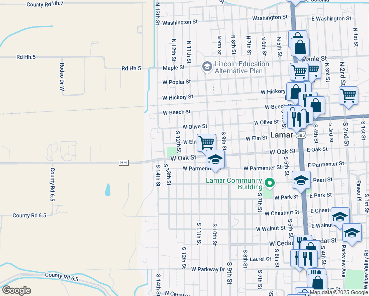 map of restaurants, bars, coffee shops, grocery stores, and more near 300 South 11th Street in Lamar