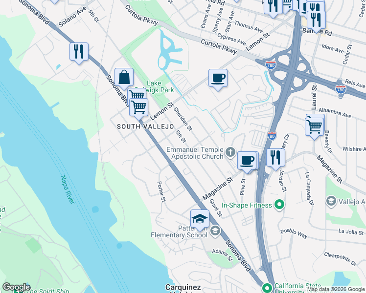 map of restaurants, bars, coffee shops, grocery stores, and more near 740 5th Street in Vallejo