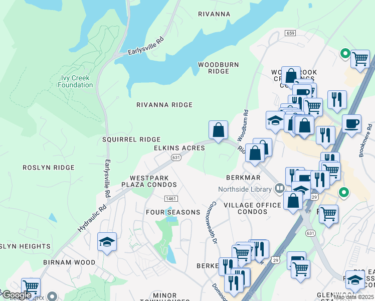 map of restaurants, bars, coffee shops, grocery stores, and more near 442 Rio Road West in Charlottesville