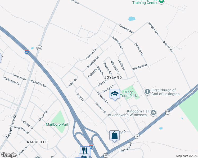 map of restaurants, bars, coffee shops, grocery stores, and more near 605 Allen Court in Lexington