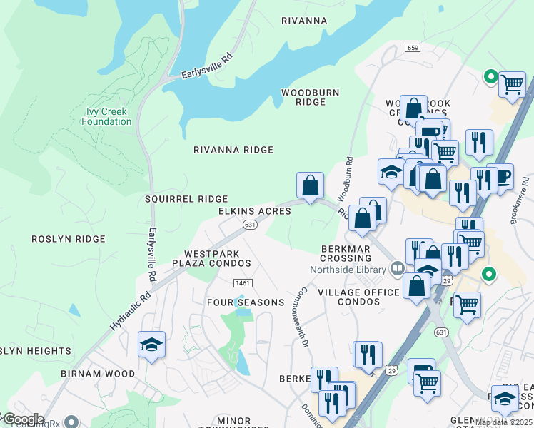 map of restaurants, bars, coffee shops, grocery stores, and more near 442 Rio Road West in Charlottesville
