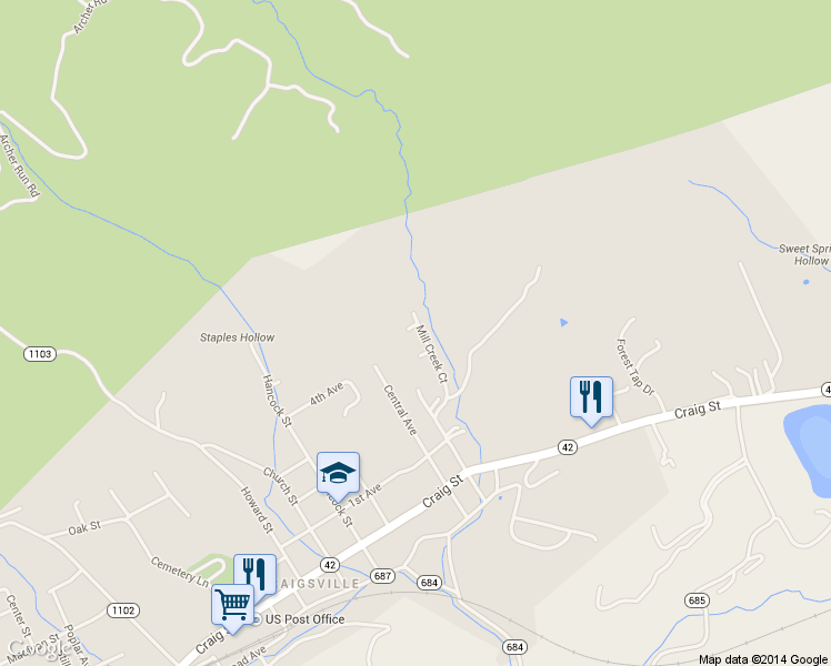 map of restaurants, bars, coffee shops, grocery stores, and more near 122 Brookhollow Road Exn in Craigsville