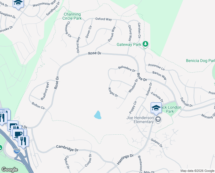map of restaurants, bars, coffee shops, grocery stores, and more near 696 Knight Drive in Benicia