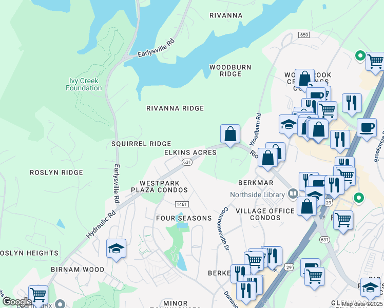 map of restaurants, bars, coffee shops, grocery stores, and more near 442 Rio Road West in Charlottesville