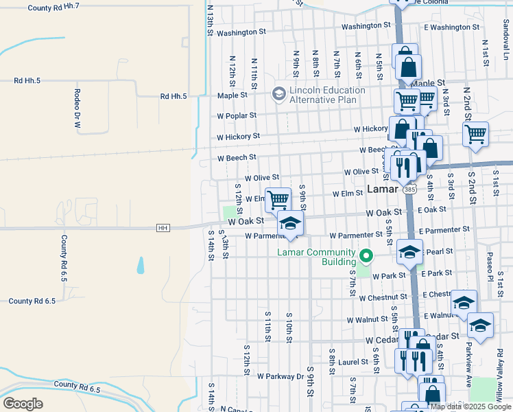 map of restaurants, bars, coffee shops, grocery stores, and more near 300 South 11th Street in Lamar