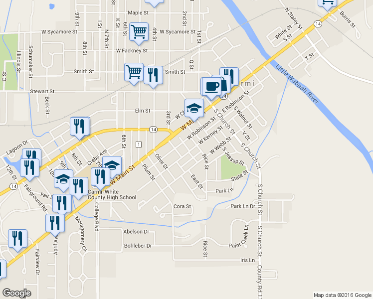 map of restaurants, bars, coffee shops, grocery stores, and more near 349-399 West Robinson Street in Carmi