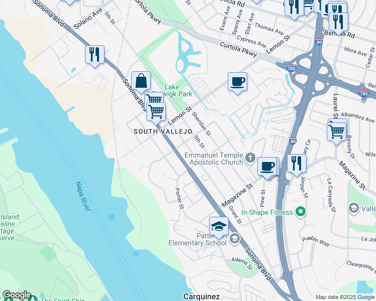 map of restaurants, bars, coffee shops, grocery stores, and more near 713 Grant Street in Vallejo