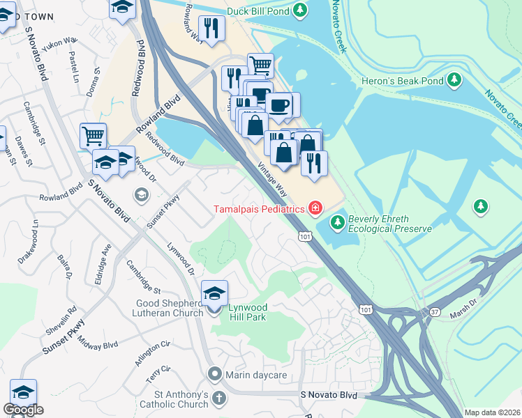map of restaurants, bars, coffee shops, grocery stores, and more near Redwood Boulevard & Valley Oak Court in Novato