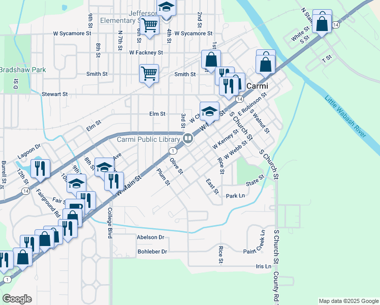 map of restaurants, bars, coffee shops, grocery stores, and more near 399 West Robinson Street in Carmi