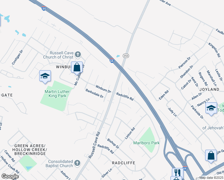 map of restaurants, bars, coffee shops, grocery stores, and more near 1395 Winburn Drive in Lexington