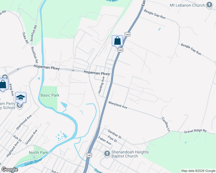 map of restaurants, bars, coffee shops, grocery stores, and more near 1443 North Delphine Avenue in Waynesboro