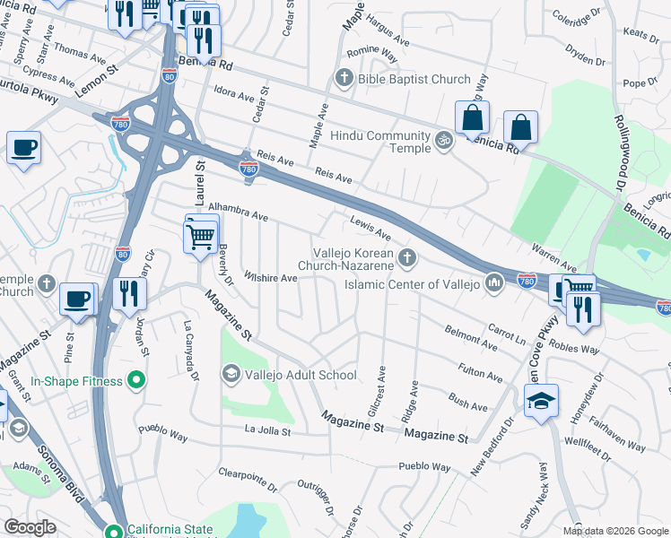map of restaurants, bars, coffee shops, grocery stores, and more near 427 Ladera Drive in Vallejo