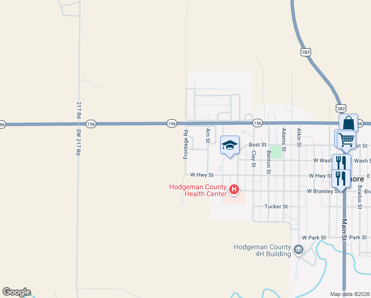 map of restaurants, bars, coffee shops, grocery stores, and more near Frontage Road in Hodgeman County