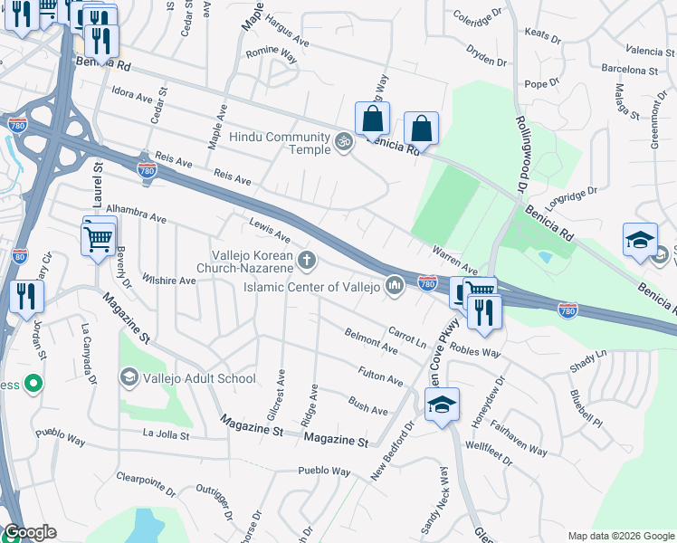 map of restaurants, bars, coffee shops, grocery stores, and more near 1137 Lewis Avenue in Vallejo