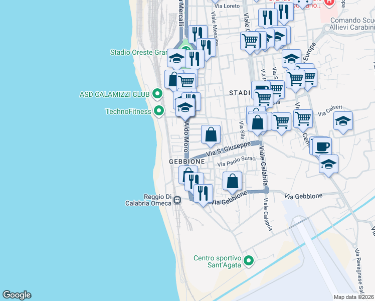 map of restaurants, bars, coffee shops, grocery stores, and more near Via S. Giuseppe in Reggio Calabria