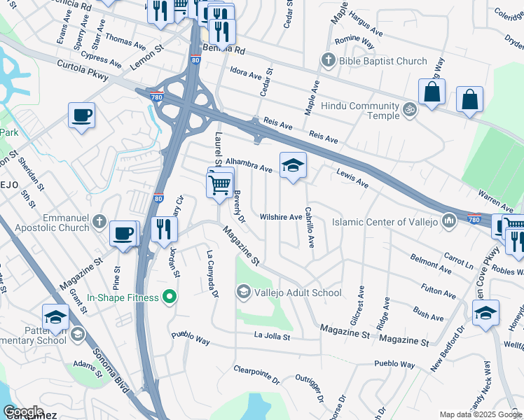 map of restaurants, bars, coffee shops, grocery stores, and more near 41 Hollywood Avenue in Vallejo
