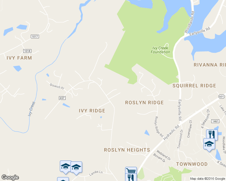 map of restaurants, bars, coffee shops, grocery stores, and more near 301 Burton Court in Charlottesville
