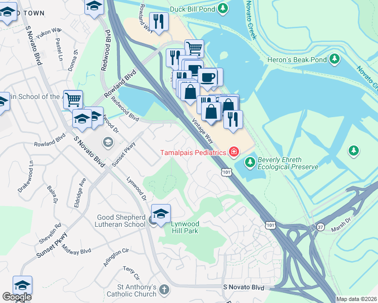 map of restaurants, bars, coffee shops, grocery stores, and more near 1263 Redwood Boulevard in Novato