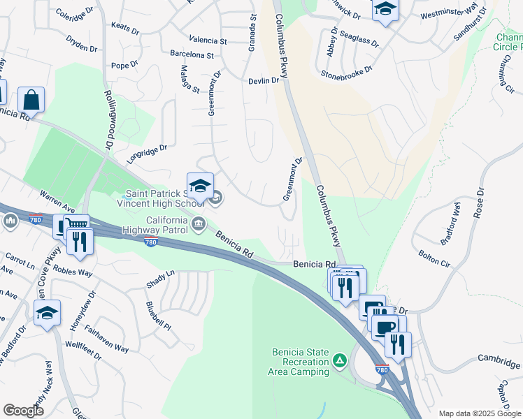 map of restaurants, bars, coffee shops, grocery stores, and more near 331 Greenmont Drive in Vallejo