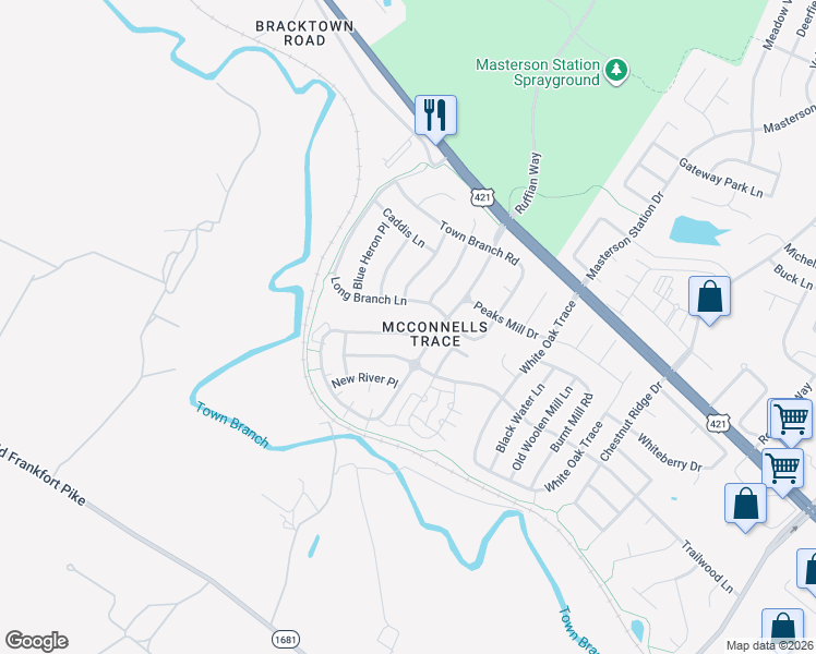 map of restaurants, bars, coffee shops, grocery stores, and more near 468 McConnells Trace in Lexington