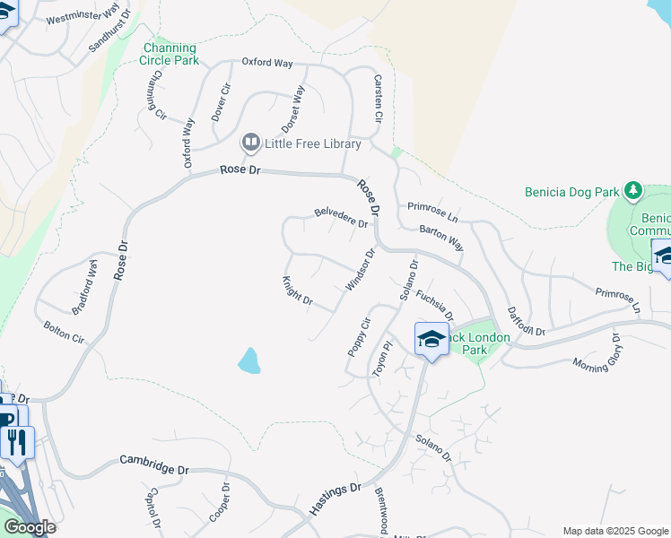 map of restaurants, bars, coffee shops, grocery stores, and more near 633 Belvedere Drive in Benicia