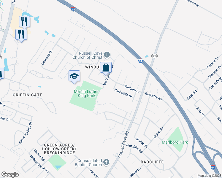 map of restaurants, bars, coffee shops, grocery stores, and more near 1831 Barksdale Drive in Lexington