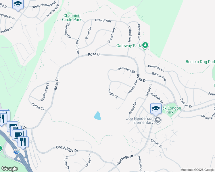 map of restaurants, bars, coffee shops, grocery stores, and more near 696 Knight Drive in Benicia