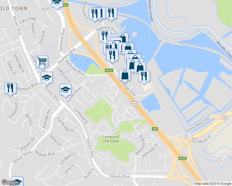 map of restaurants, bars, coffee shops, grocery stores, and more near 1280 Valley Oak Court in Novato