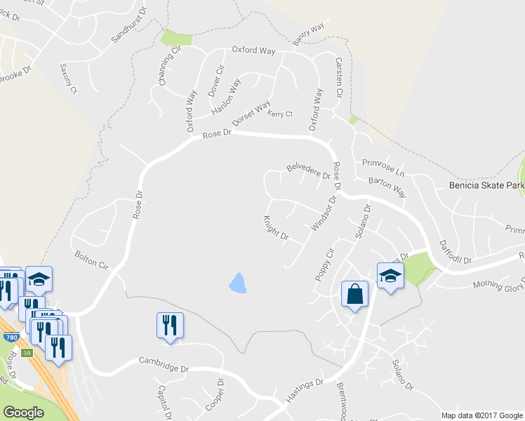map of restaurants, bars, coffee shops, grocery stores, and more near 696 Knight Drive in Benicia