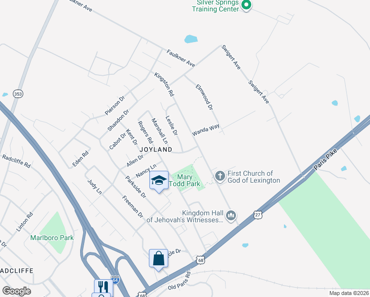 map of restaurants, bars, coffee shops, grocery stores, and more near 2387 Allen Drive in Lexington