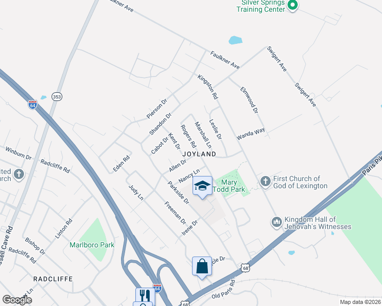 map of restaurants, bars, coffee shops, grocery stores, and more near 2325 Allen Drive in Lexington