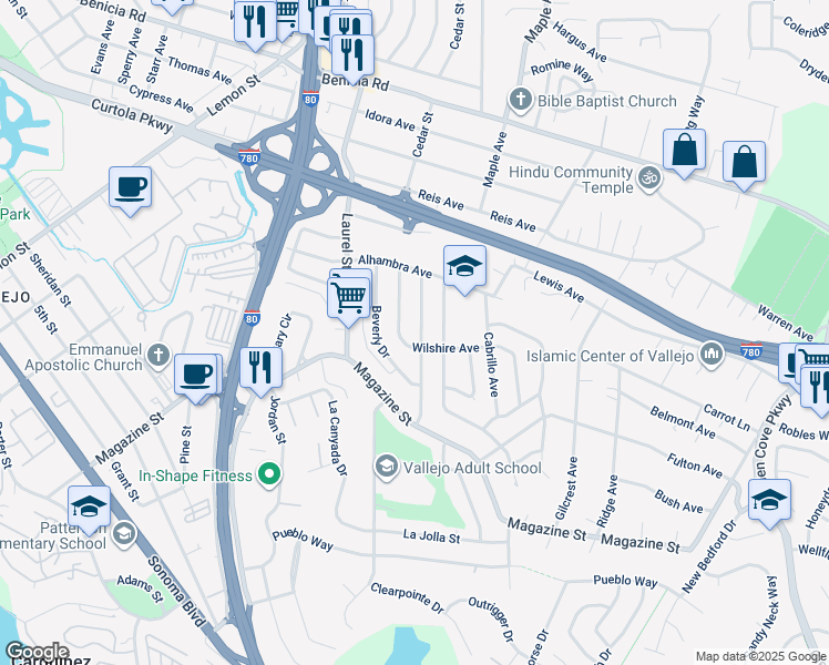 map of restaurants, bars, coffee shops, grocery stores, and more near 41 Hollywood Avenue in Vallejo