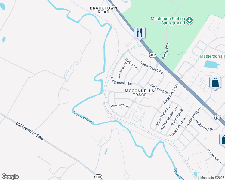 map of restaurants, bars, coffee shops, grocery stores, and more near 388 McConnells Trace in Lexington