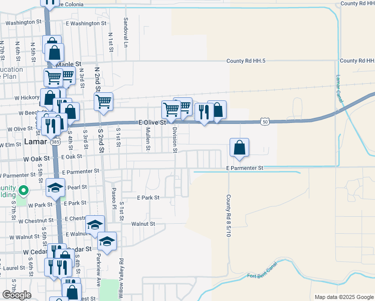 map of restaurants, bars, coffee shops, grocery stores, and more near 707 East Oak Street in Lamar