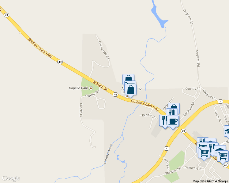 map of restaurants, bars, coffee shops, grocery stores, and more near 520 North Main Street in Angels Camp