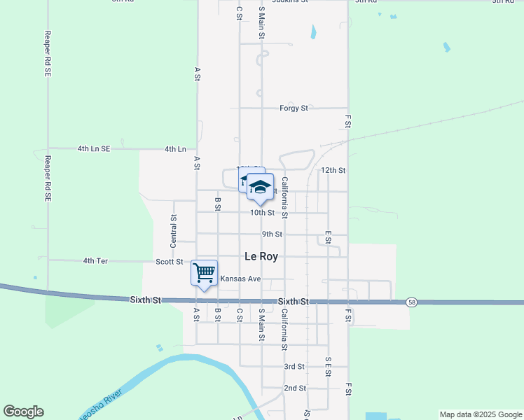 map of restaurants, bars, coffee shops, grocery stores, and more near 1010 South Main Street in Le Roy