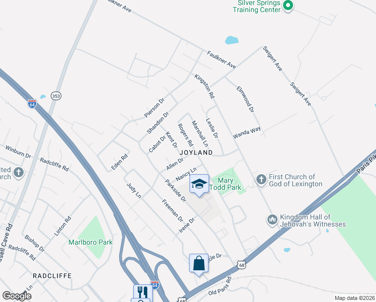map of restaurants, bars, coffee shops, grocery stores, and more near 2325 Allen Drive in Lexington